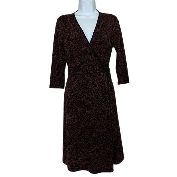BCBGMAXAZRIA Women's Black Brown 3/4 Sleeve Jersey Knit Wrap Dress Small  Petite